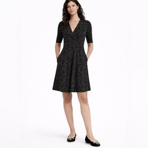 BODEN Black Polka Dot Fixed Wrap Jersey Dress Scattered Dot Print Fall Size 10